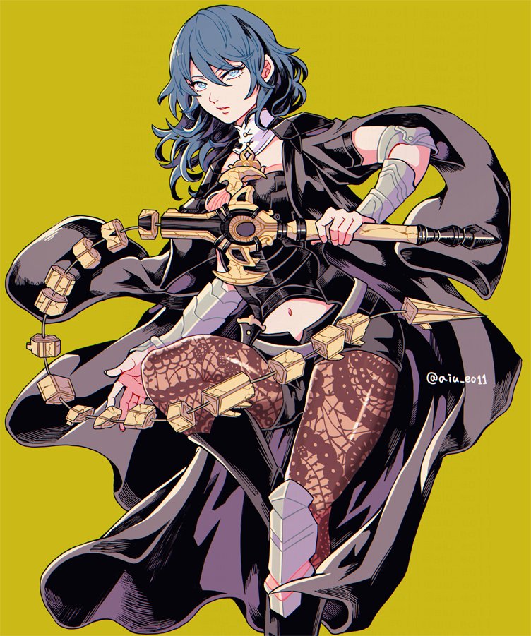 1girl aiu_eo11 armor black_shorts blue_eyes blue_hair byleth_(fire_emblem) byleth_eisner_(female) clothing_cutout fire_emblem fire_emblem:_three_houses holding holding_sword holding_weapon navel_cutout pantyhose shorts simple_background solo sword sword_of_the_creator twitter_username weapon yellow_background
