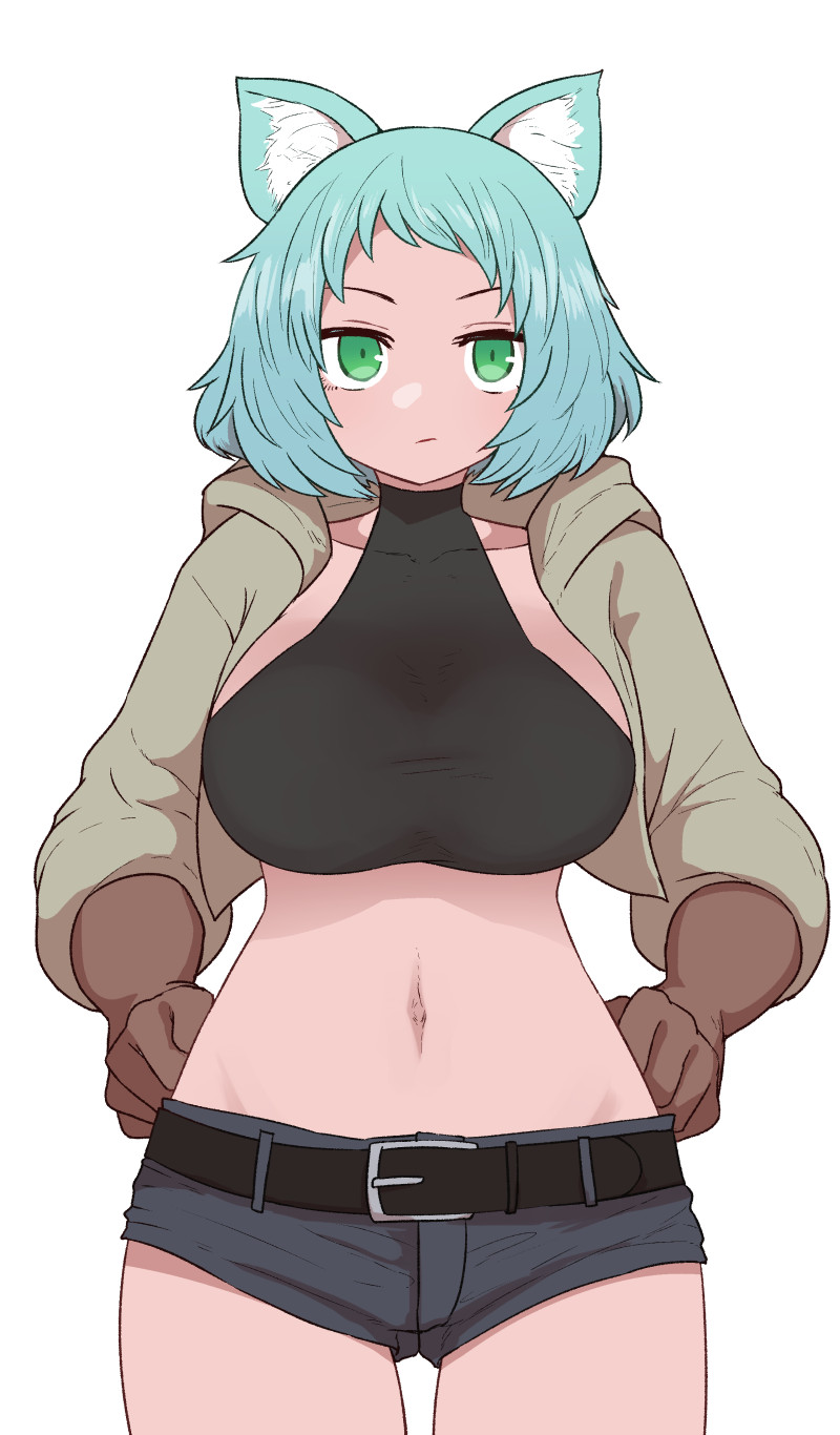 1girl animal_ears belt black_belt blue_hair breasts brown_gloves cat_ears closed_mouth gloves green_eyes grey_jacket grey_shorts hands_on_hips highres jacket large_breasts looking_at_viewer navel open_clothes open_jacket original short_shorts shorts simple_background solo standing stomach sumiyao_(amam) white_background
