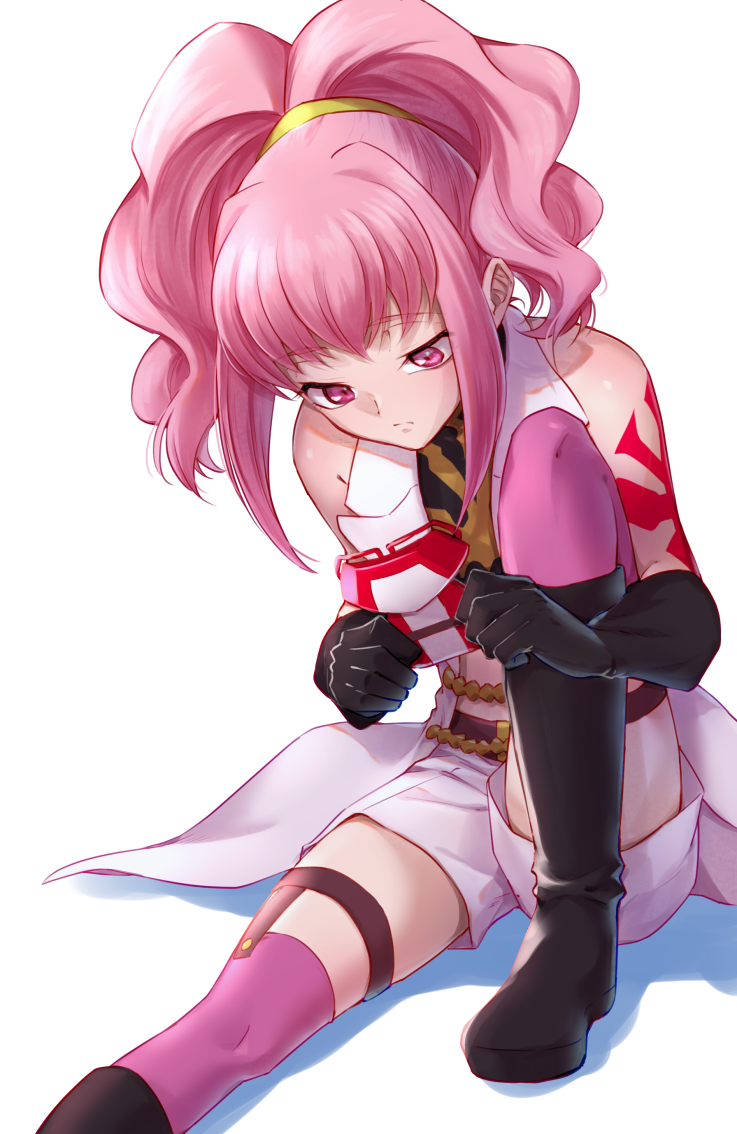 1girl anya_alstreim bangs black_footwear black_gloves boots closed_mouth code_geass crop_top elbow_gloves eyebrows_visible_through_hair frown gloves holding knee_boots long_hair looking_down midriff pink_eyes pink_hair pink_legwear ponytail shiny shiny_hair short_shorts shorts simple_background sitting solo soraao0322 stomach thigh-highs thigh_strap white_background white_shorts