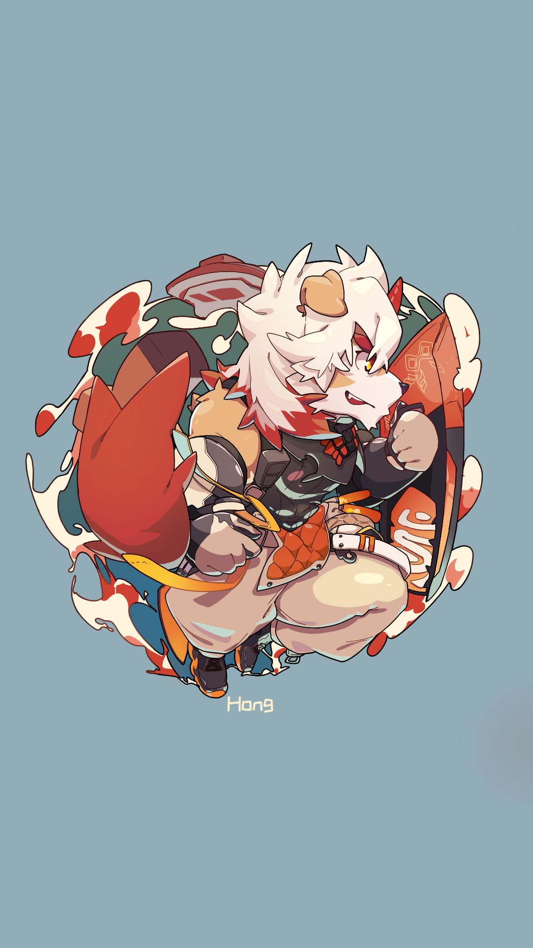 1boy animal_ears arknights brown_fur chibi dog_boy dog_ears from_side full_body furry highres holding holding_shield horns hung_(arknights) male_focus medium_hair mochi_(kryzkrynfflyayl) multicolored_hair muscular muscular_male orange_eyes orange_hair shield single_horn solo streaked_hair thick_eyebrows two-tone_fur white_fur