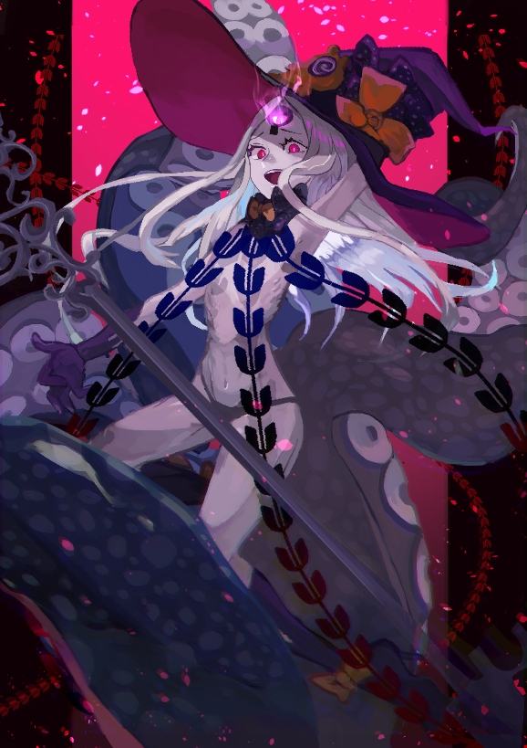 1girl abigail_williams_(fate/grand_order) arm_behind_head arm_up armpits bangs bare_shoulders black_bow black_headwear black_panties bow breasts colored_skin fate/grand_order fate_(series) forehead glowing glowing_eye hat kanikama_jan key keyhole long_hair looking_at_viewer multiple_bows navel open_mouth orange_bow panties parted_bangs pink_eyes small_breasts smile staff tentacles thighs third_eye underwear white_hair white_skin witch_hat