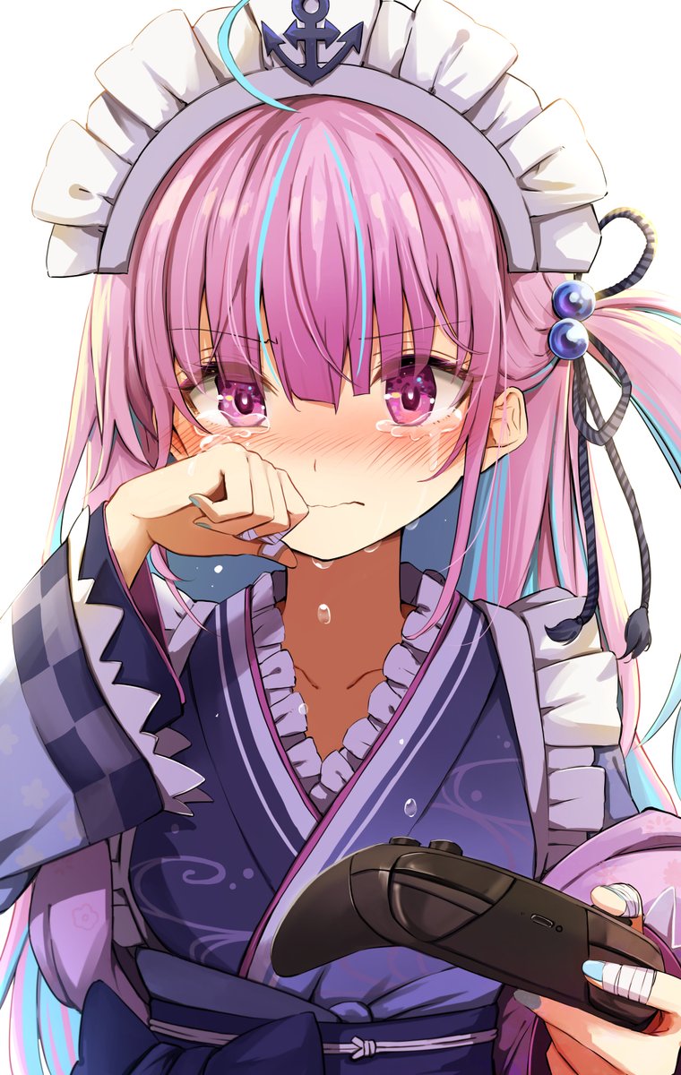 1girl anchor_symbol blush controller crying eyebrows_visible_through_hair frilled_kimono frills game_controller hand_on_own_cheek hand_on_own_face highlights highres hololive japanese_clothes kimono looking_at_viewer maid_headdress minato_aqua multicolored_hair nintendo_switch_pro_controller pink_eyes pink_hair solo summer_tail720 taped_fingers