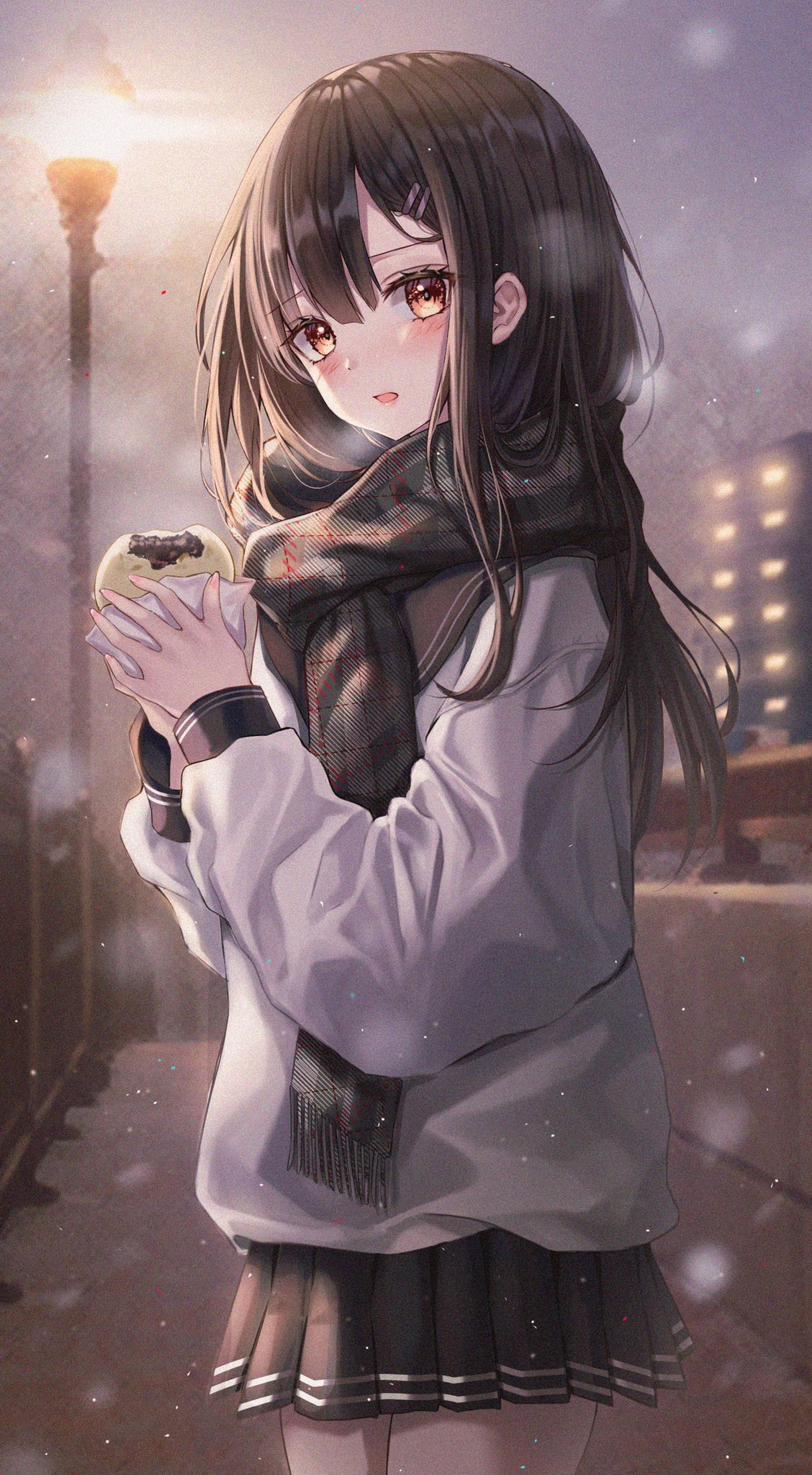 1girl bangs black_sailor_collar black_skirt blurry blurry_background blush brown_hair building eyebrows_visible_through_hair food grey_sweater hair_between_eyes hair_ornament hairclip highres holding holding_food icebox46 lamppost long_hair long_sleeves looking_at_viewer miniskirt night night_sky open_mouth original pink_nails plaid plaid_scarf pleated_skirt red_eyes sailor_collar scarf sidelocks skirt sky snowing solo sweater