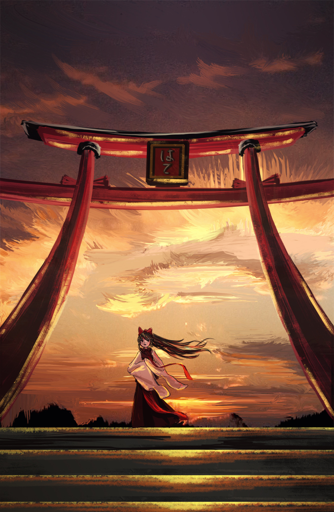 architecture bow brown_hair clouds cloudy_sky detached_sleeves east_asian_architecture evening gradient_sky hair_bow hair_tubes hakurei_reimu japanese_clothes long_hair miko nature nontraditional_miko nyanyakitisiro orange_sky outdoors red_bow scenery sidelocks skirt skirt_set sky stairs sun sunset torii touhou very_long_hair wide_sleeves