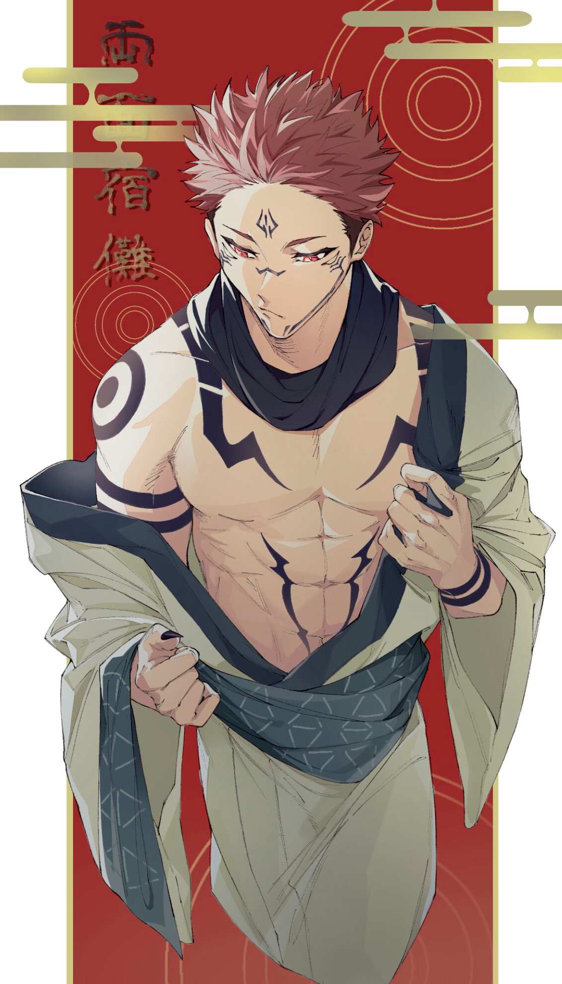 1boy abs arm_tattoo bare_pecs black_hair black_nails chest_tattoo cropped_legs extra_eyes facial_mark facial_tattoo full_body_tattoo highres itadori_yuuji japanese_clothes jujutsu_kaisen kimono looking_to_the_side male_focus mon_(mooooon_day) muscular muscular_male pectorals pink_hair red_eyes ryoumen_sukuna_(jujutsu_kaisen) short_hair shoulder_tattoo solo spiky_hair stomach tattoo undercut undressing white_kimono