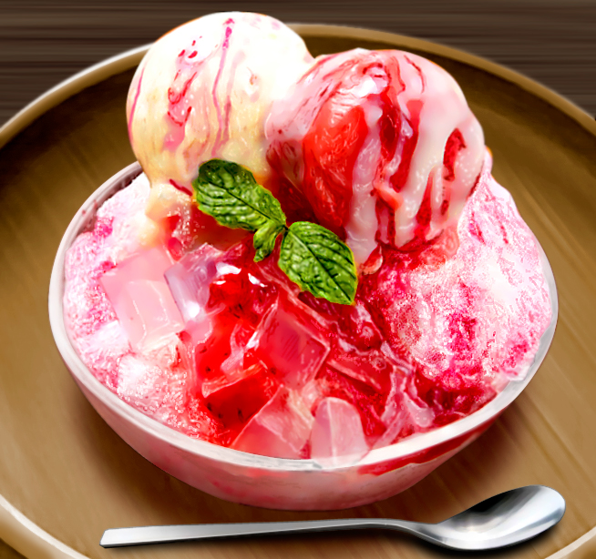 bowl cutlery dessert food hokkaido_(artist) ice ice_cream ice_cream_scoop ice_cube leaf melting no_humans original plate realistic shaved_ice spoon sweets utensil