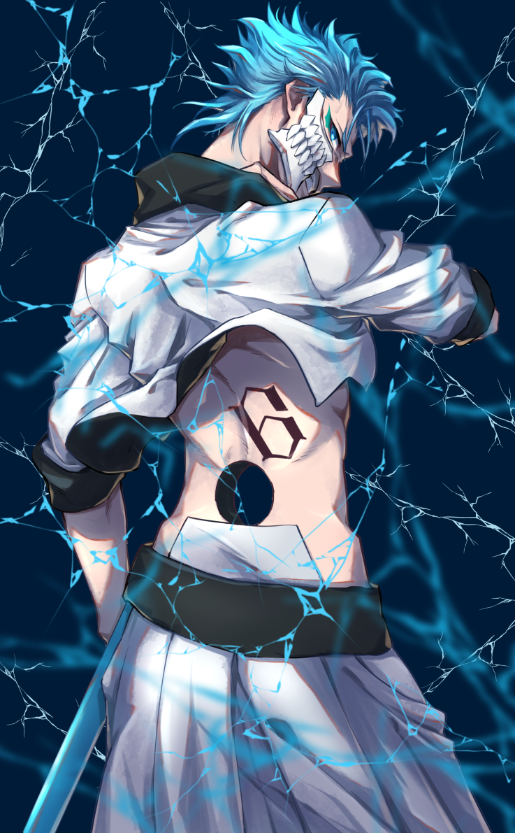 1boy back_tattoo bleach blue_background blue_eyes blue_hair clenched_teeth cropped_jacket cropped_legs feet_out_of_frame from_behind grimmjow_jaegerjaquez hole_on_body jacket looking_at_viewer looking_back male_focus sash sheath shiny shiny_hair sleeves_rolled_up solo soraao0322 standing tattoo teeth white_jacket