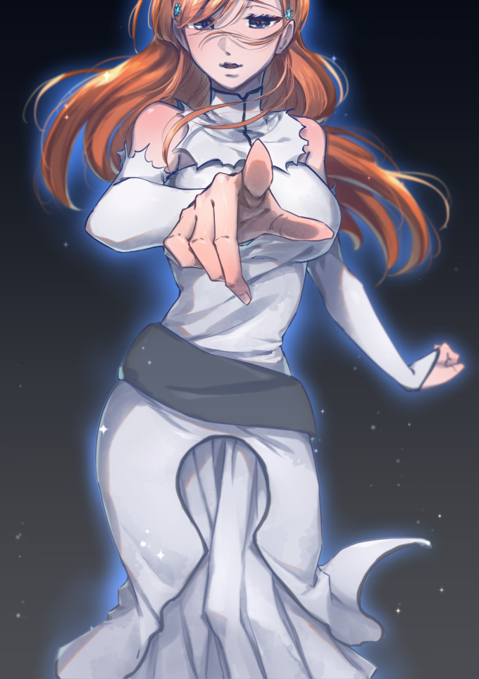 1girl bangs black_background bleach blue_eyes breasts brown_hair dress floating_hair hair_between_eyes hair_ornament inoue_orihime large_breasts long_dress long_hair long_sleeves looking_at_viewer open_mouth pleated_dress shiny shiny_hair solo soraao0322 standing swept_bangs torn_clothes torn_dress white_dress