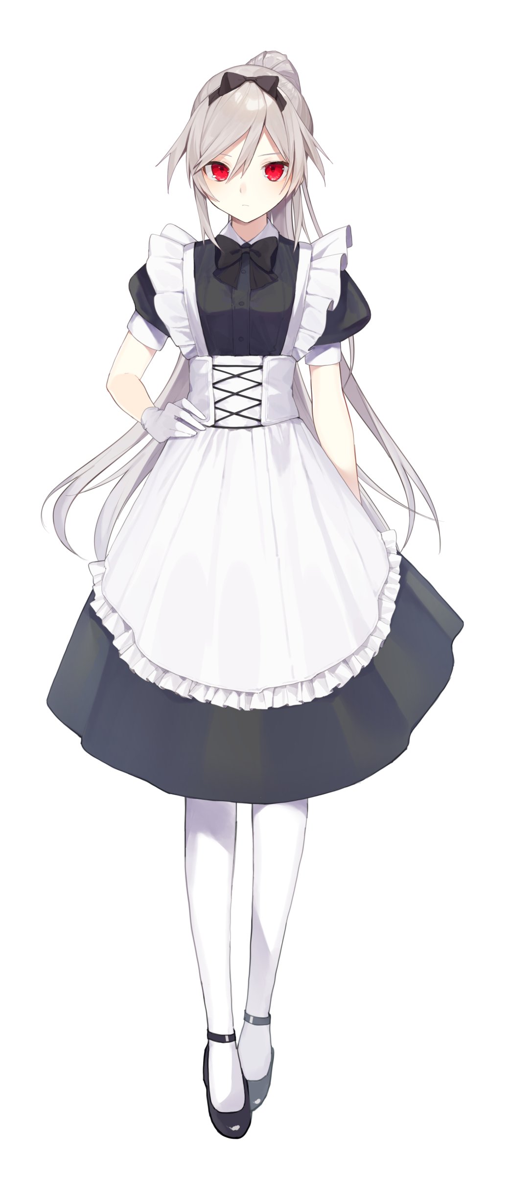 1girl absurdres apron black_ribbon buran_buta frilled_apron frills full_body gloves grey_hair hand_on_hip highres holding long_hair maid maid_apron maid_headdress original ponytail red_eyes ribbon solo standing white_gloves white_legwear