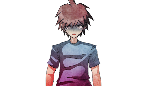 1boy ahoge brown_hair dangan_ronpa:_trigger_happy_havoc dangan_ronpa_(series) eyebrows feet_out_of_frame fullmoonrose7 gloom_(expression) hands_out_of_frame hospital_gown looking_at_viewer lowres naegi_makoto short_sleeves spiky_hair sweatdrop torso_only