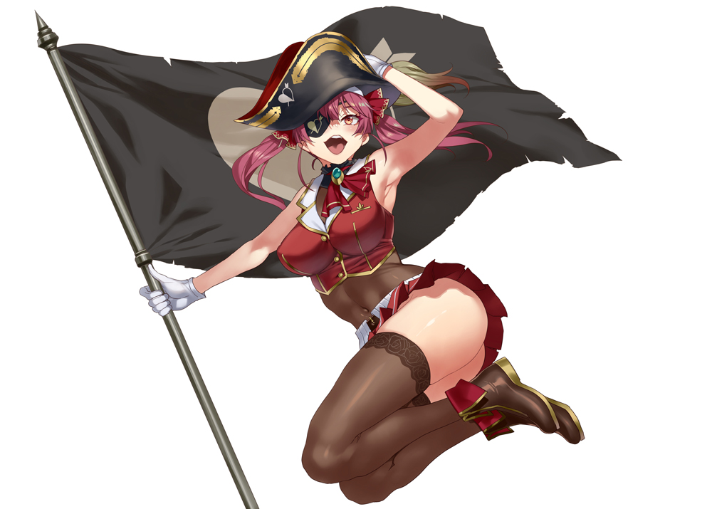 1girl :d armpits ass black_legwear boots breasts brown_legwear coat eyepatch flag gloves hand_on_headwear hand_up hat holding holding_flag hololive houshou_marine long_hair mizuryuu_kei navel open_clothes open_coat open_mouth pirate_hat purple_hair red_eyes simple_background smile solo teeth thigh-highs tongue twintails two-sided_coat virtual_youtuber white_background white_gloves