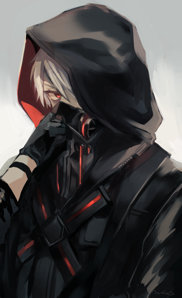 1boy black_gloves black_jacket gas_mask gloves grey_hair hood hood_up jacket kuzuha_(nijisanji) male_focus mask mogayama nijisanji red_eyes solo upper_body vampire virtual_youtuber zipper