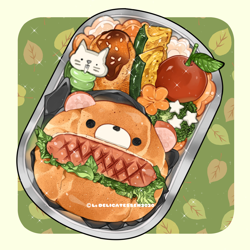 animal artist_name bear bread bread_bun cat flower food food_focus le_delicatessen leaf lettuce meat no_humans obentou original sausage simple_background star_(symbol) still_life tomato vegetable