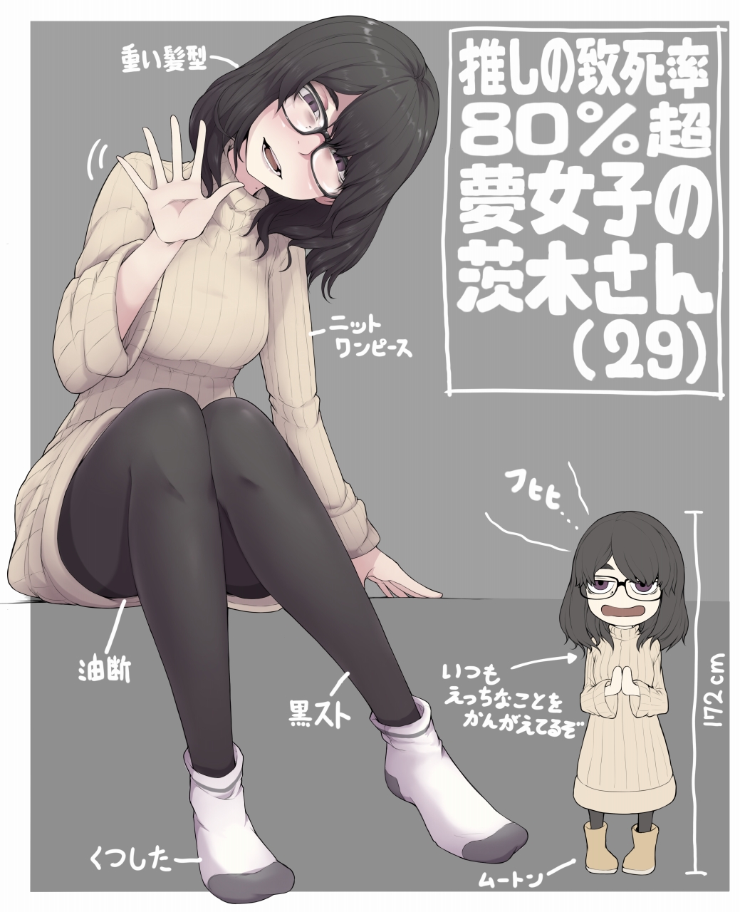 1girl black-framed_eyewear black_hair black_legwear blush boots dress eyebrows_behind_hair glasses grey_background head_out_of_frame highres ina_(gokihoihoi) jimiko nose_piercing open_mouth original out_of_frame own_hands_together pantyhose piercing simple_background sweater sweater_dress translation_request violet_eyes waving
