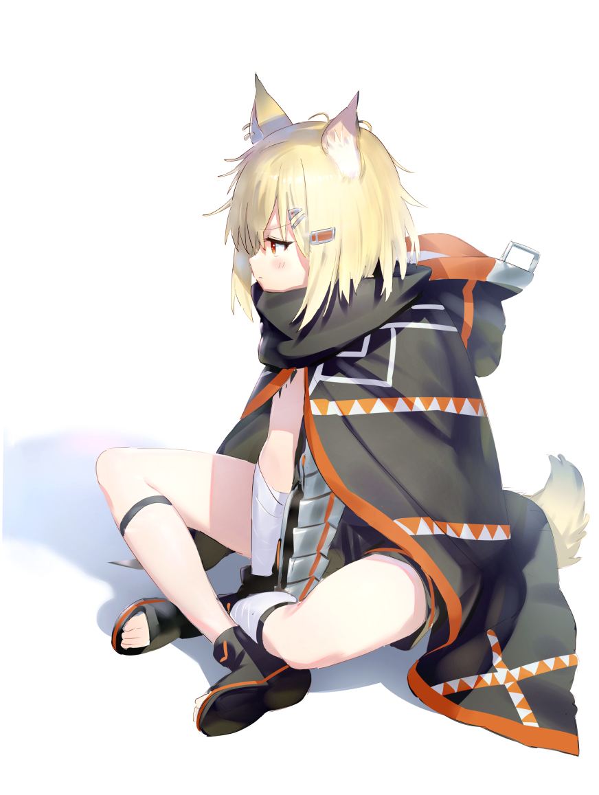 1girl animal_ears arknights between_legs black_cape blonde_hair blush cape closed_mouth from_side hair_ornament hairclip hand_between_legs hood hood_down hooded_cape indian_style profile sandals simple_background sitting solo tail vermeil_(arknights) wasabi60 white_background