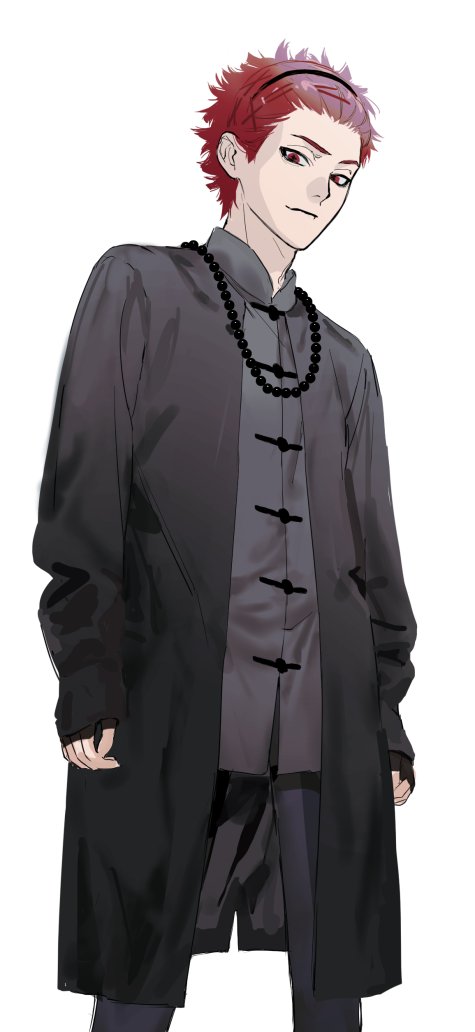 1boy beads black_coat closed_mouth coat copyright_request hairband long_sleeves looking_at_viewer male_focus open_clothes open_coat prayer_beads red_eyes redhead sankomichi short_hair simple_background smile solo standing white_background