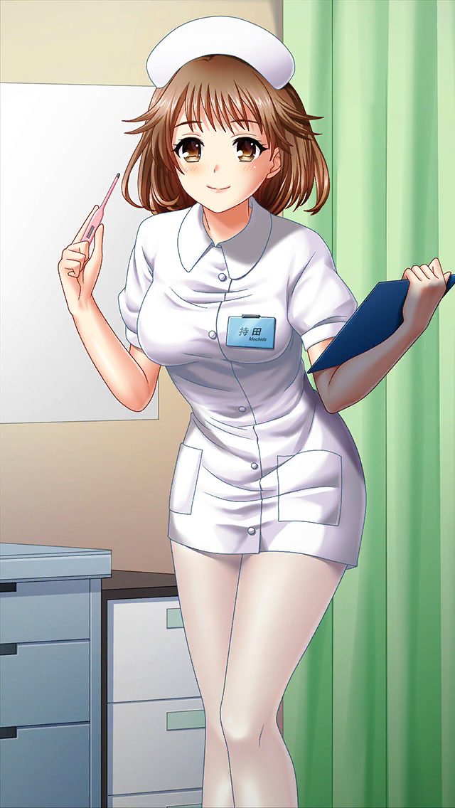 1girl brown_eyes brown_hair closed_mouth collared_dress doukyuusei_another_world dress game_cg hat holding indoors kakyuusei leaning_forward long_hair looking_at_viewer mochida_mahoko nurse nurse_cap official_art pantyhose shiny shiny_hair short_dress short_sleeves smile solo standing thermometer white_dress white_legwear wing_collar