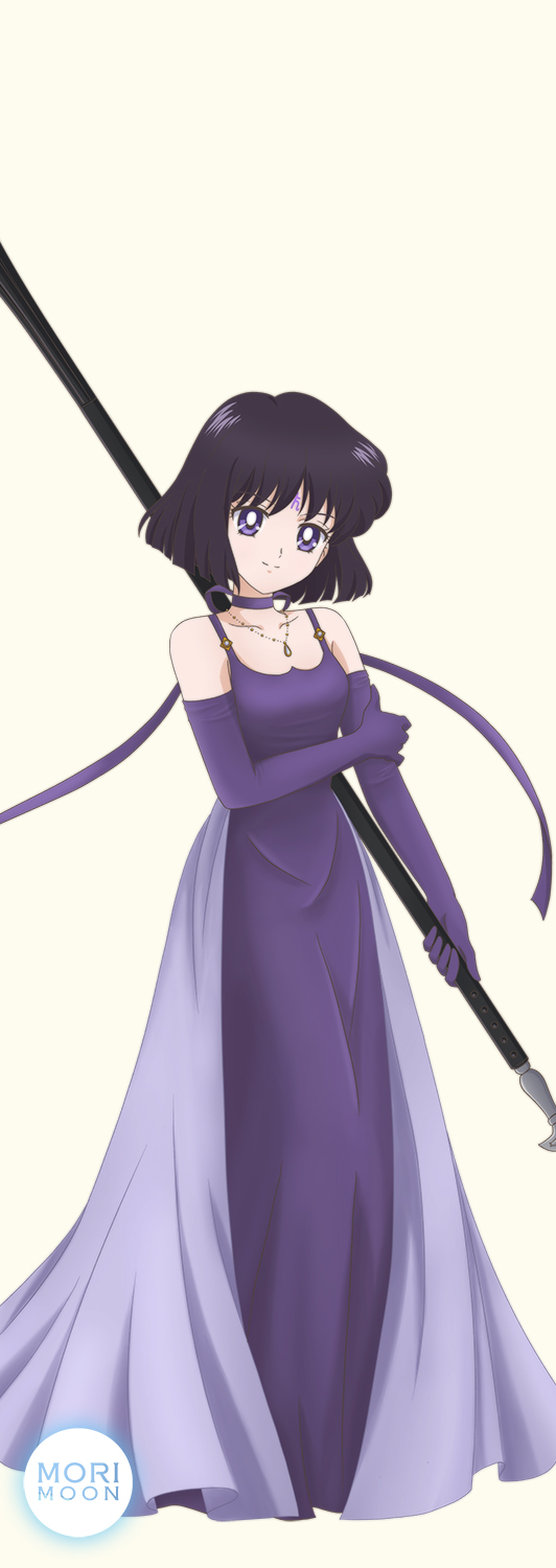 1girl bangs bishoujo_senshi_sailor_moon bishoujo_senshi_sailor_moon_crystal black_hair breasts choker closed_mouth collarbone dress elbow_gloves facial_mark full_body gloves highres holding holding_polearm holding_weapon jewelry long_dress medium_breasts medium_hair morimoon pendant polearm purple_choker purple_dress purple_gloves shiny shiny_hair simple_background sleeveless sleeveless_dress smile solo standing ten'ou_haruka violet_eyes weapon white_background
