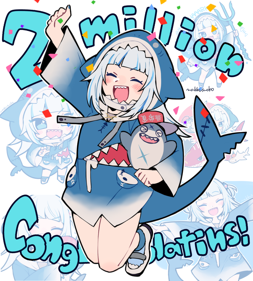 1girl animal_costume animal_hood arm_up bangs bare_legs bloop_(gawr_gura) blue_eyes blue_hair blue_hoodie blue_nails blunt_bangs chibi commentary confetti do_m_kaeru english_text fish_tail full_body gawr_gura hair_ornament holding hololive hololive_english hood hoodie medium_hair milestone_celebration multicolored_hair multiple_views nail_polish polearm shark_costume shark_girl shark_hair_ornament shark_hood shark_tail sharp_teeth shoes silver_hair simple_background sleeves_past_wrists sneakers streaked_hair symbol_commentary tagme tail teeth trident twitter_username two_side_up virtual_youtuber weapon white_background wide_sleeves