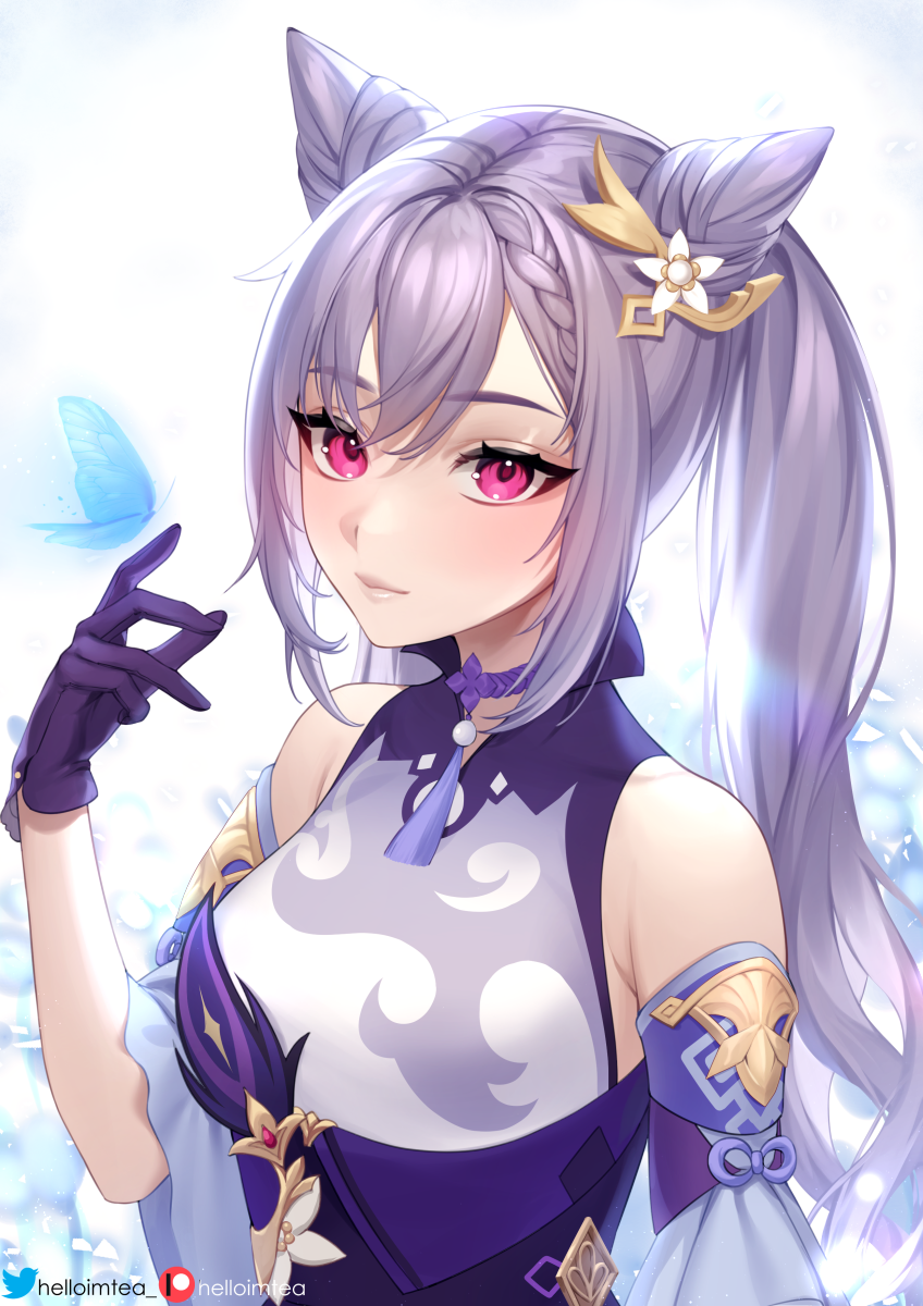 1girl bangs bare_shoulders blush breasts bug butterfly choker double_bun dress genshin_impact gloves hair_ornament helloimtea highres insect keqing_(genshin_impact) large_breasts long_hair looking_at_viewer purple_choker purple_dress purple_gloves purple_hair twintails