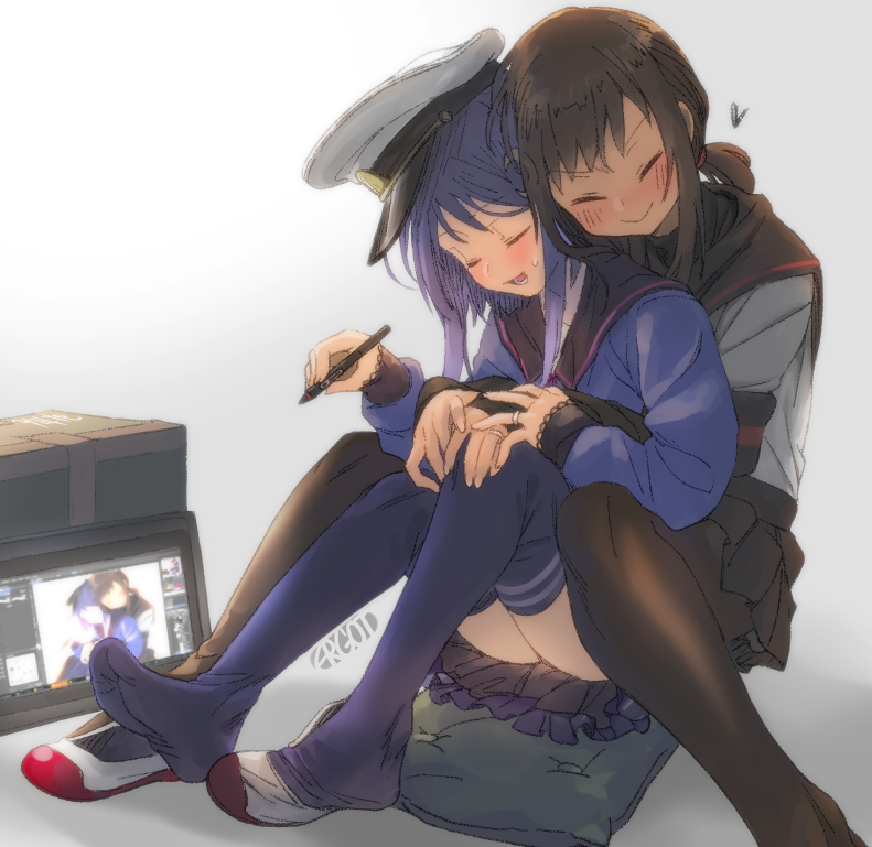 2girls adapted_costume arm_warmers artist_name black_hair black_legwear black_sailor_collar blue_shirt closed_eyes commentary_request drawing_tablet ergot fubuki_(kantai_collection) gradient gradient_background grey_background hat hug hug_from_behind jewelry kantai_collection low_ponytail multiple_girls pantyhose peaked_cap pleated_skirt ponytail purple_hair remodel_(kantai_collection) ring sailor_collar school_uniform serafuku shirt shoes short_hair short_hair_with_long_locks short_ponytail sidelocks sitting skirt stylus uwabaki wedding_band white_background white_headwear white_shirt yayoi_(kantai_collection) yuri