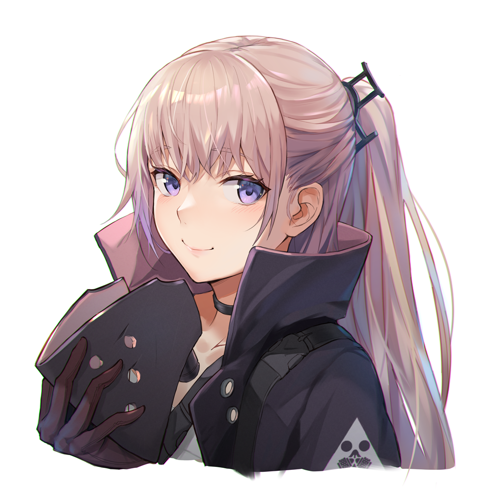 1girl blush choker commentary commission defy_(girls_frontline) english_commentary eyebrows_visible_through_hair girls_frontline gloves hair_between_eyes hair_ornament jacket light_blush looking_at_viewer mask mask_removed mod3_(girls_frontline) niac one_side_up pink_hair ponytail purple_gloves redrawn sidelocks simple_background smile solo st_ar-15_(girls_frontline) strap violet_eyes white_background