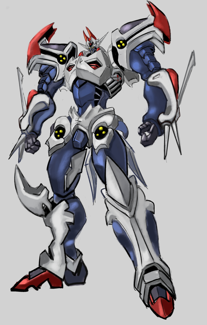 dangaioh_hyper_combat_unit dangaiou green_eyes grey_background highres looking_down magett mecha no_humans science_fiction solo spikes standing super_robot