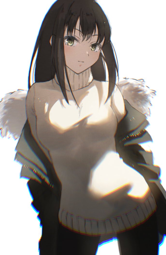 1girl backlighting black_hair green_eyes idolmaster idolmaster_cinderella_girls idolmaster_cinderella_girls_starlight_stage jacket k_concord long_hair open_clothes open_jacket pants shibuya_rin simple_background solo sweater turtleneck white_background