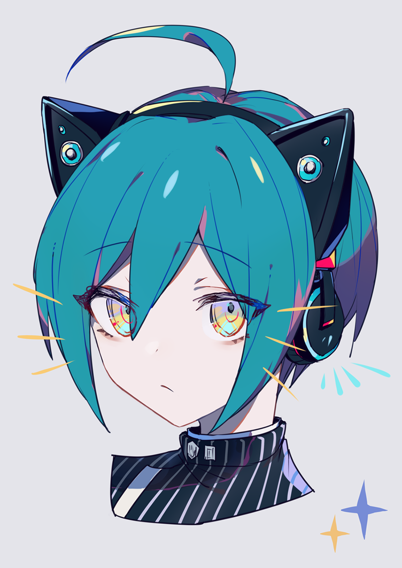 1boy ahoge alternate_hair_color bangs black_jacket brown_eyes cat_ear_headphones closed_mouth commentary_request dangan_ronpa_(series) dangan_ronpa_v3:_killing_harmony face frown goto_(sep) green_hair grey_background hair_between_eyes headphones jacket looking_at_viewer male_focus multicolored multicolored_eyes portrait saihara_shuuichi short_hair solo sparkle striped_jacket