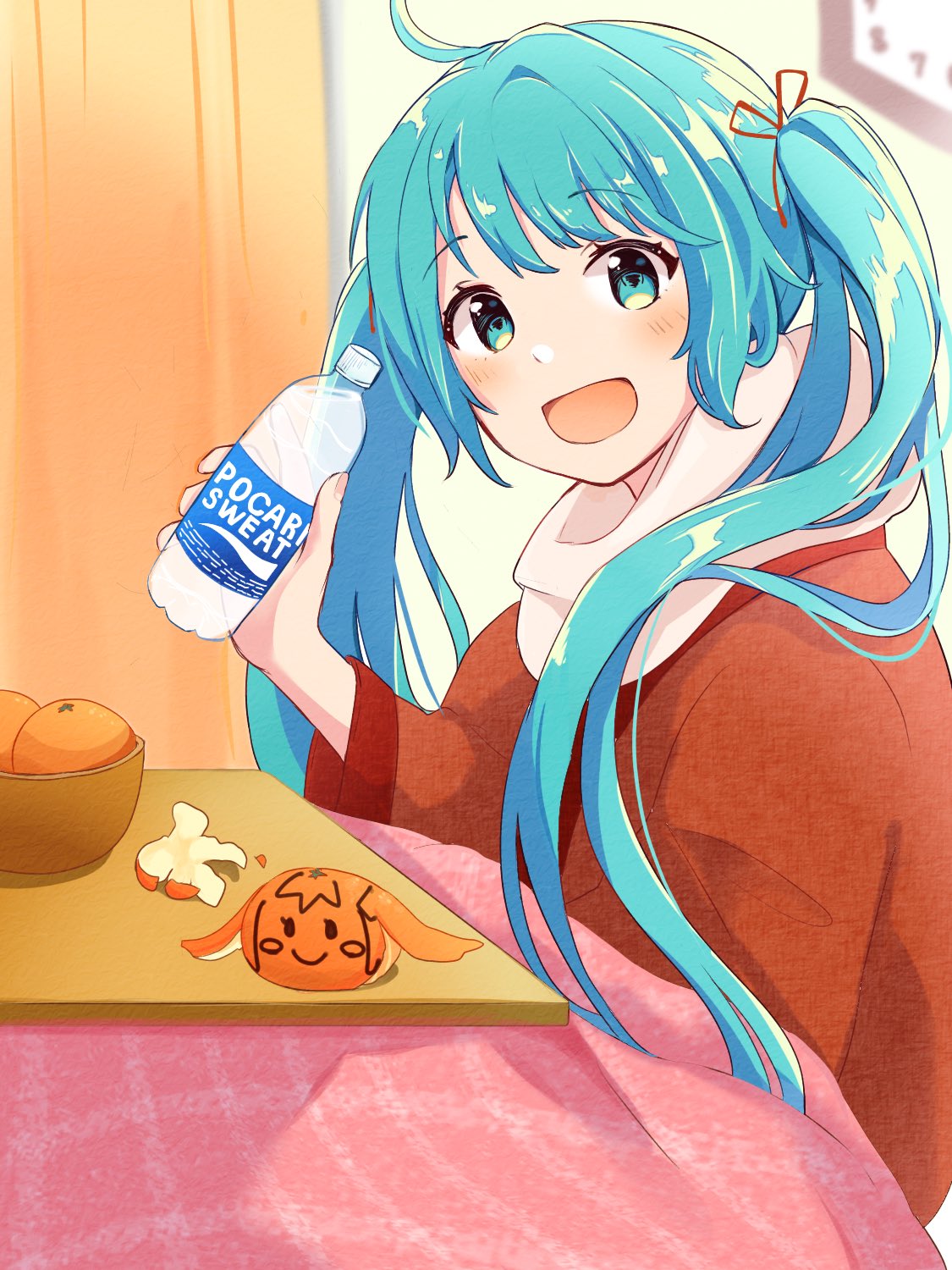 1girl aoiyui aqua_eyes aqua_hair blush_stickers bottle commentary drink food fruit hair_ribbon hanten_(clothes) hatsune_miku highres holding holding_bottle indoors jacket kotatsu light_blush long_hair looking_at_viewer mandarin_orange open_mouth orange_peel pocari_sweat red_jacket ribbon smile smiley_face solo table twintails under_kotatsu under_table vocaloid