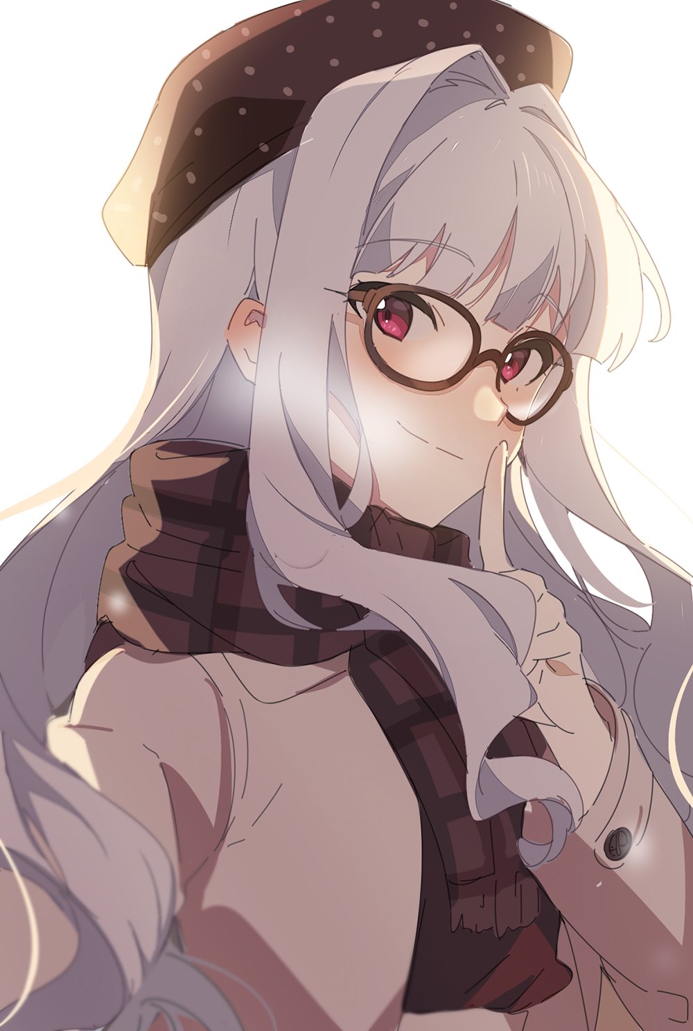 1girl alternate_costume ap_bar bangs beret bespectacled black_headwear black_scarf eyebrows_visible_through_hair finger_to_mouth glasses hand_up hat highres idolmaster idolmaster_(classic) jacket long_hair long_sleeves looking_at_viewer pink_eyes plaid plaid_scarf scarf shijou_takane sidelocks silver_hair simple_background smile solo white_background white_jacket
