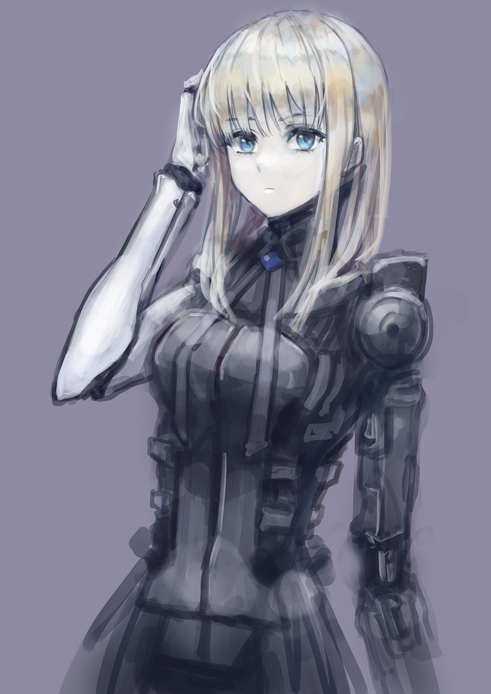 1girl android blame! blonde_hair blue_eyes check_copyright closed_mouth copyright_request grey_background highres level9kaito mechanical_arms medium_hair simple_background sketch