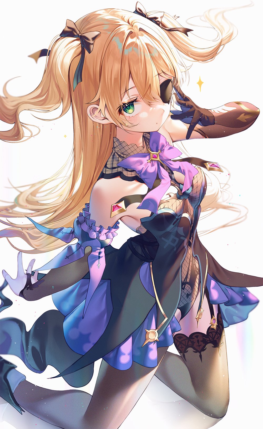 1girl arched_back arm_behind_back bangs bare_shoulders black_gloves blonde_hair blush bow breasts dress eyepatch fischl_(genshin_impact) foot_out_of_frame garter_straps genshin_impact gloves green_eyes hair_ribbon hand_up highres kinty kneeling long_hair looking_at_viewer medium_breasts ribbon single_thighhigh solo thigh-highs two_side_up