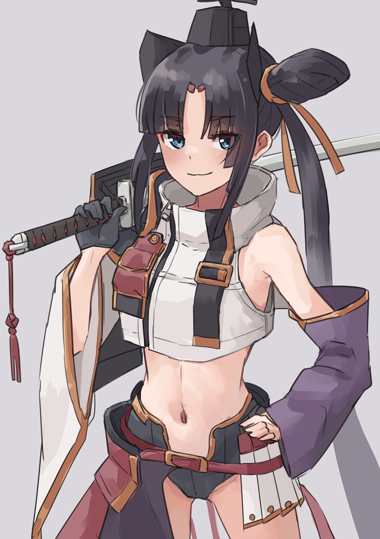 1girl asymmetrical_sleeves bangs bare_shoulders black_hair black_headwear black_shorts blue_eyes brown_ribbon closed_mouth commentary_request crop_top crop_top_overhang detached_sleeves eyebrows_visible_through_hair fate/grand_order fate_(series) grey_background groin hair_ribbon hand_on_hip hat holding holding_sword holding_weapon katana kopaka_(karda_nui) long_hair long_sleeves looking_at_viewer midriff mini_hat navel over_shoulder parted_bangs purple_sleeves ribbon short_shorts shorts simple_background sleeveless sleeves_past_wrists smile solo sword sword_over_shoulder twintails ushiwakamaru_(fate/grand_order) very_long_hair weapon weapon_over_shoulder white_sleeves wide_sleeves
