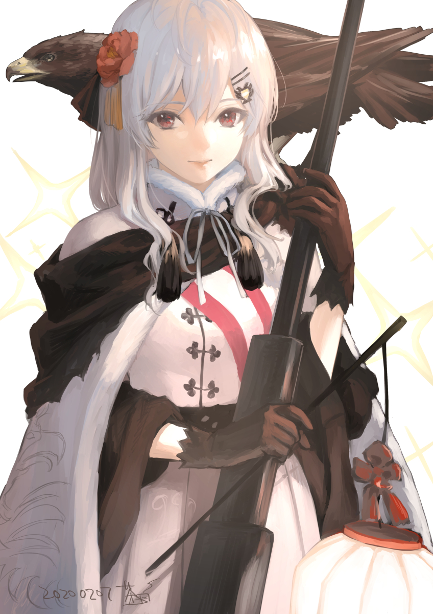 1girl bangs bird brown_gloves chagen_kokimu cloak dated girls_frontline gloves gun hair_between_eyes hair_ornament hairclip highres holding holding_gun holding_weapon iws-2000_(girls_frontline) lantern long_hair official_alternate_costume red_eyes rifle sniper_rifle solo steyr_iws_2000 tassel weapon white_hair