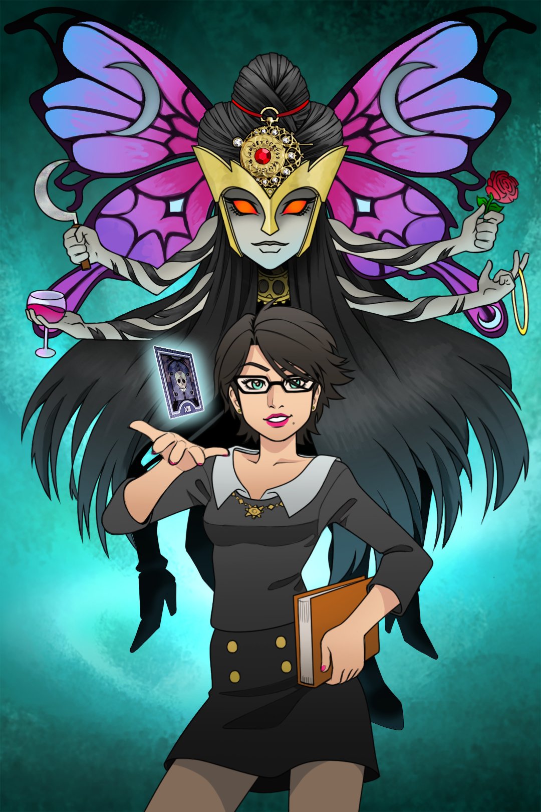 1girl bayonetta bayonetta_(character) bayonetta_2 book butterfly_hair_ornament collarbone commission crossover death_(tarot) earrings english_commentary extra_arms flower glasses guilhermerm hair_ornament highres holding holding_book jewelry long_sleeves madama_butterfly mole mole_under_eye mole_under_mouth necklace parody persona persona_4 rose short_hair sickle smile solo super_smash_bros. tarot teacher