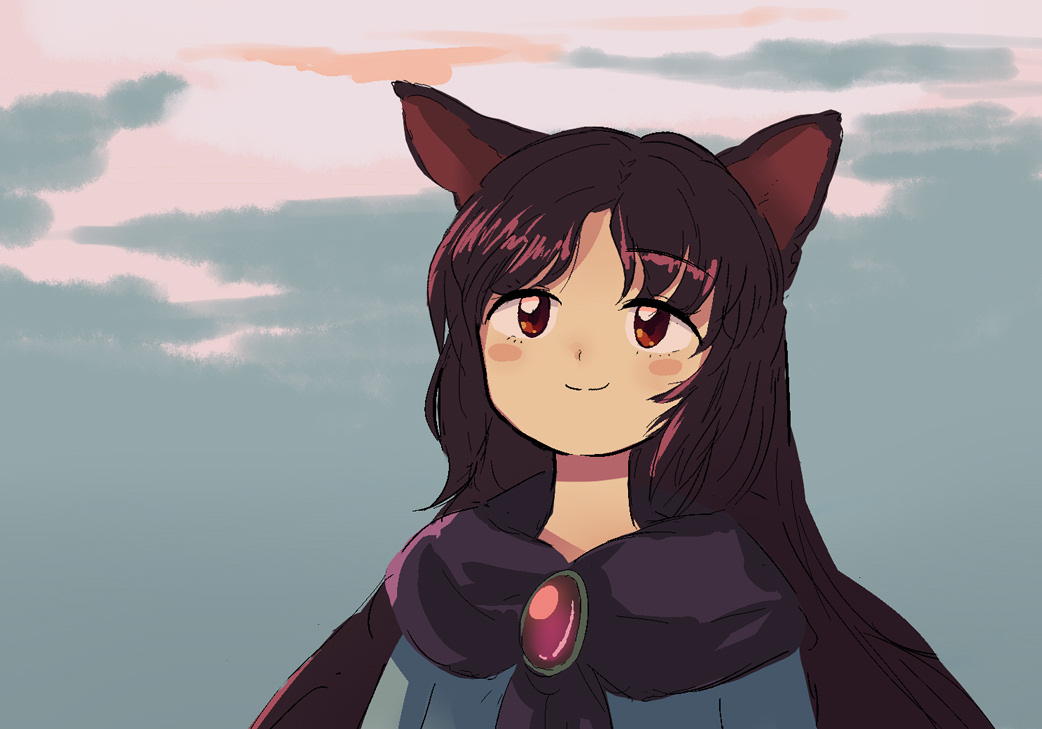 1girl animal_ears bangs blue_shirt blush_stickers brooch brown_hair closed_mouth clouds cloudy_sky eyebrows_behind_hair imaizumi_kagerou jewelry long_hair looking_ahead parted_bangs red_eyes shirt sky smile solo street_dog touhou twilight upper_body wolf_ears zun_(style)