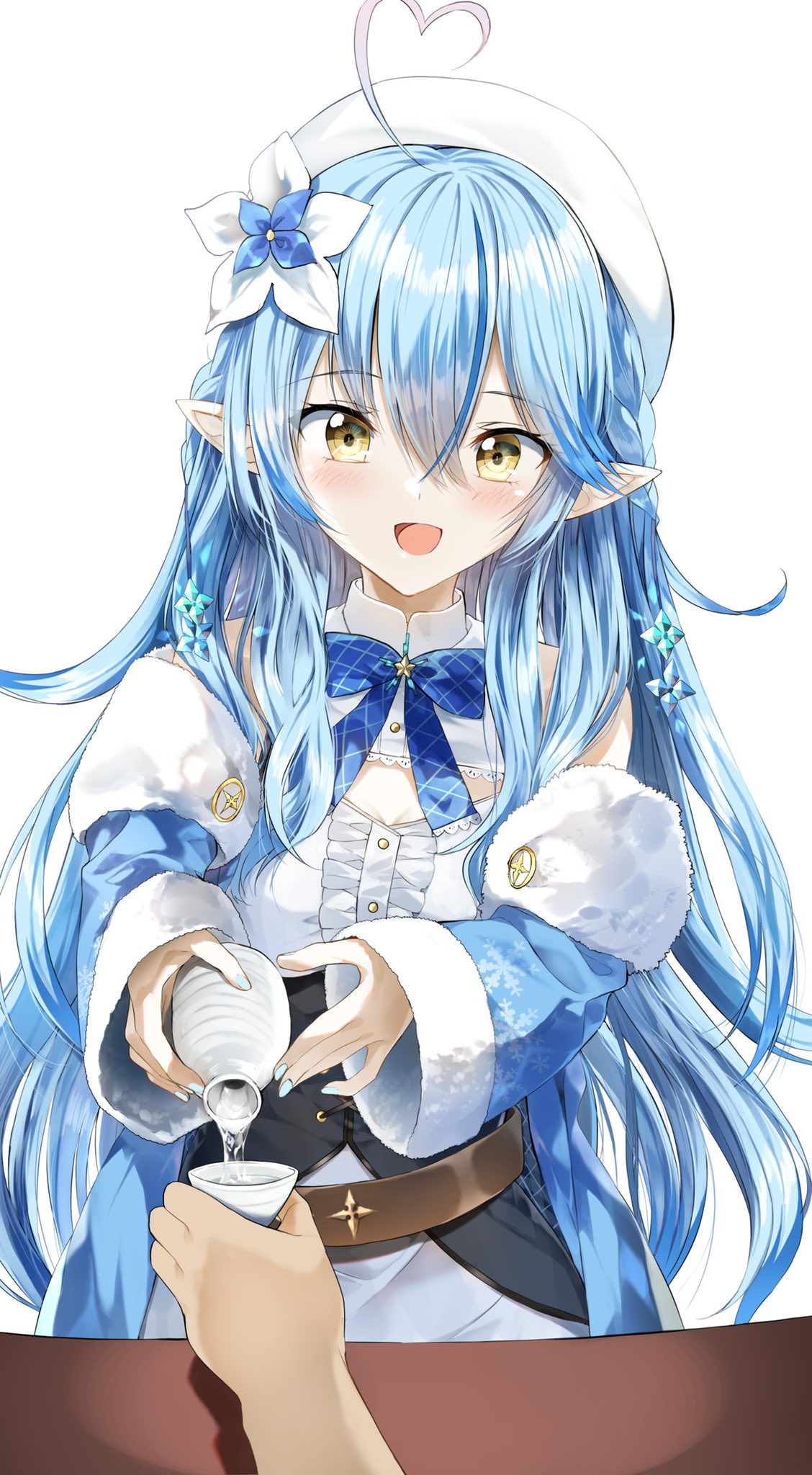1girl :d ahoge bangs bare_shoulders beret blue_flower blue_hair blue_jacket blue_nails blush brown_eyes center_frills choko_(cup) collared_shirt commentary_request cup eyebrows_visible_through_hair flower frills fur-trimmed_jacket fur-trimmed_sleeves fur_trim hair_between_eyes hair_flower hair_ornament hat heart_ahoge highres hololive jacket long_hair long_sleeves multicolored_hair nail_polish off_shoulder open_mouth pentagon_(railgun_ky1206) pointy_ears pouring shirt simple_background sleeveless sleeveless_shirt sleeves_past_wrists smile solo_focus streaked_hair tokkuri upper_body very_long_hair virtual_youtuber white_background white_flower white_headwear white_shirt wide_sleeves yukihana_lamy
