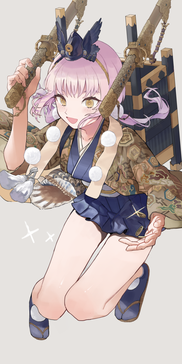 1girl aroha_(aroha390) beige_background blush coin fingernails glint highres holding holding_weapon japanese_clothes katana long_hair long_sleeves open_mouth original patterned patterned_background pink_hair scabbard sheath sheathed simple_background solo sparkle sword weapon wide_sleeves yellow_eyes