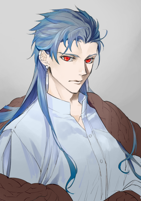 1boy alternate_costume blue_hair buttons close-up cu_chulainn_(fate)_(all) cu_chulainn_(fate/grand_order) earrings expressionless fate/grand_order fate_(series) iz_izhara jewelry long_hair male_focus multiple_piercings red_eyes simple_background solo spiky_hair type-moon