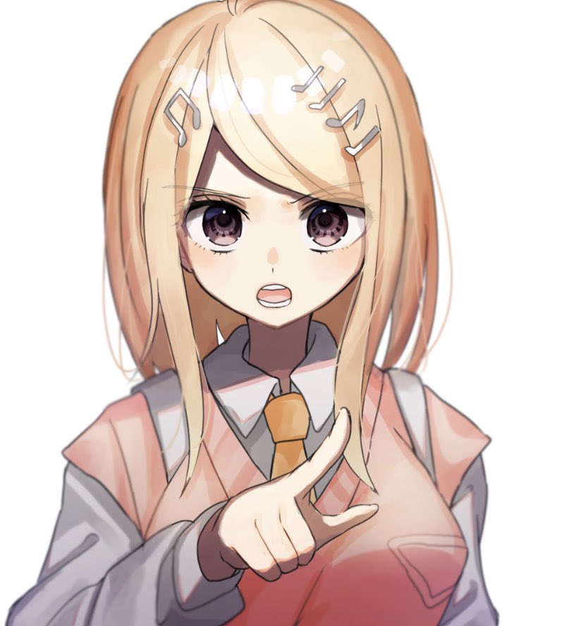 1girl ahoge akamatsu_kaede bangs blonde_hair breasts collared_shirt commentary_request dangan_ronpa_(series) dangan_ronpa_v3:_killing_harmony eighth_note eyebrows_visible_through_hair hair_ornament long_hair long_sleeves looking_at_viewer mdr_(mdrmdr1003) musical_note musical_note_hair_ornament necktie open_mouth orange_neckwear pink_vest pointing pointing_at_viewer red_eyes shirt simple_background solo upper_body vest white_background white_shirt