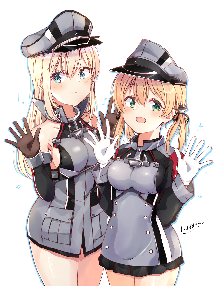 2girls armor bismarck_(kantai_collection) blonde_hair blue_eyes blush breasts closed_mouth coat collarbone covered_collarbone cowboy_shot double-breasted drop_shadow eyebrows_visible_through_hair gloves green_eyes hair_between_eyes halterneck hands_up hat kantai_collection long_hair looking_at_viewer medium_breasts multiple_girls open_hands open_mouth palms prinz_eugen_(kantai_collection) shiitake_taishi short_twintails sideboob signature simple_background skirt smile sparkle thigh-highs twintails waving white_background