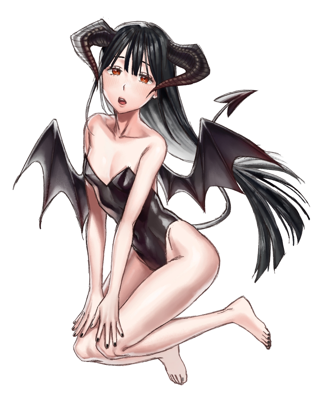 1girl akushitsu_ningen bare_shoulders barefoot black_hair black_nails blush collarbone covered_navel demon_girl demon_horns demon_tail demon_wings fingernails highres horns leotard long_hair open_mouth orange_eyes original simple_background solo succubus tail teeth toenails tongue upper_teeth white_background wings