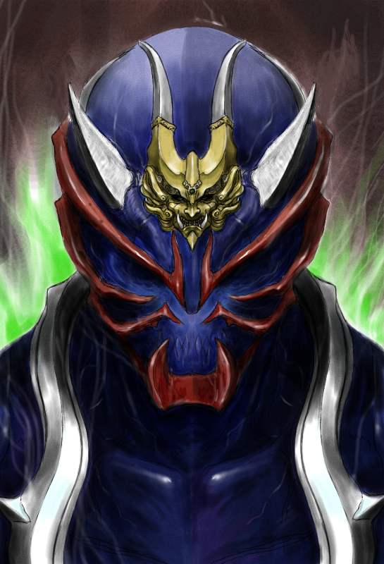 1boy aura collarbone face helmet horned_headwear horned_helmet horns izo_(bjc000510) kamen_rider kamen_rider_hibiki kamen_rider_hibiki_(series) male_focus mask sketch solo teeth upper_body