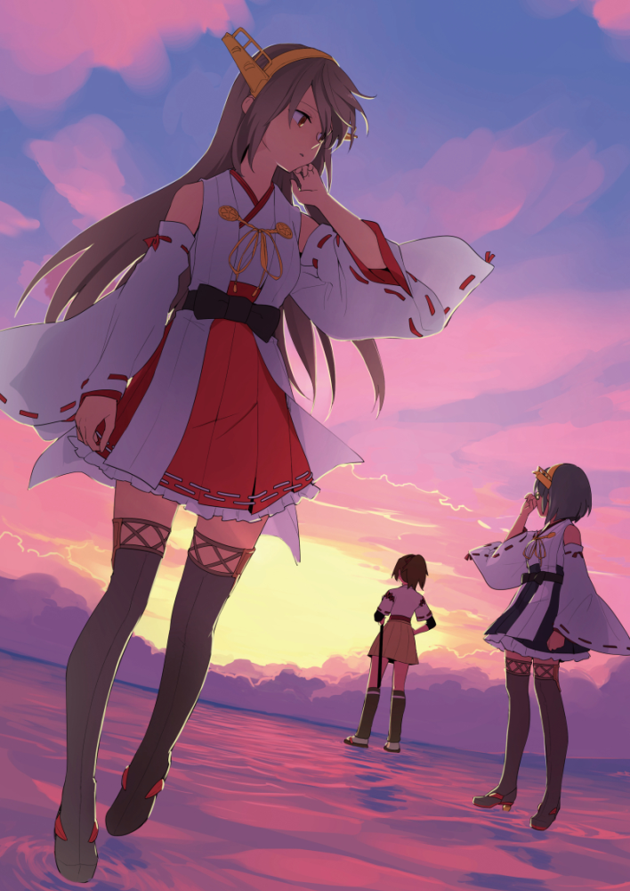 3girls bangs black_skirt chagen_kokimu clouds detached_sleeves frilled_skirt frills glasses haruna_(kantai_collection) headgear ise_(kantai_collection) japanese_clothes kantai_collection kirishima_(kantai_collection) kneehighs long_hair multiple_girls nontraditional_miko ocean outdoors ponytail red_skirt ribbon-trimmed_sleeves ribbon_trim short_hair skirt sky standing thigh-highs water