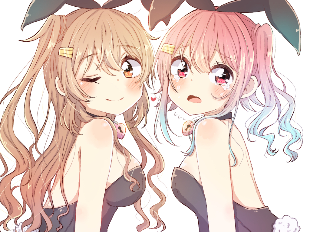2girls alternate_hairstyle animal_ears black_leotard blue_hair breasts brown_eyes bunny_tail commentary_request duplicate gradient_hair harusame_(kantai_collection) heart_lock_(kantai_collection) kantai_collection leotard light_brown_hair long_hair looking_at_viewer medium_breasts multicolored_hair multiple_girls murasame_(kantai_collection) one_eye_closed pink_hair playboy_bunny rabbit_ears red_eyes remodel_(kantai_collection) ren_kun side_ponytail simple_background small_breasts strapless strapless_leotard tail upper_body wavy_hair white_background