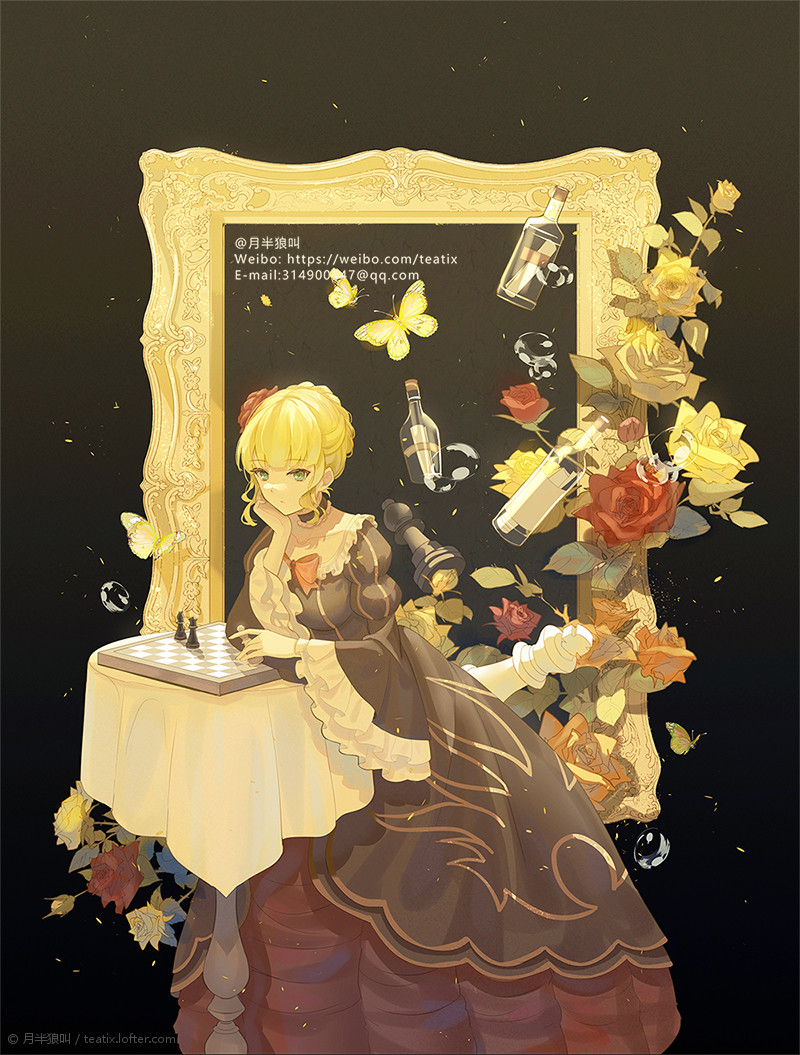 1girl beatrice_(umineko) blonde_hair bug butterfly chess_piece chessboard choker dress email_address expressionless eyebrows_visible_through_hair flower frilled_choker frilled_sleeves frills green_eyes hair_flower hair_ornament hand_on_own_cheek hand_on_own_face holding_chess_piece insect juliet_sleeves layered_dress lofter_username long_sleeves message_in_a_bottle orange_flower orange_rose picture_frame puffy_sleeves red_flower red_rose rose solo striped striped_sleeves teatix umineko_no_naku_koro_ni vertical_stripes visible_ears water_drop weibo_username wide_sleeves yellow_flower yellow_rose