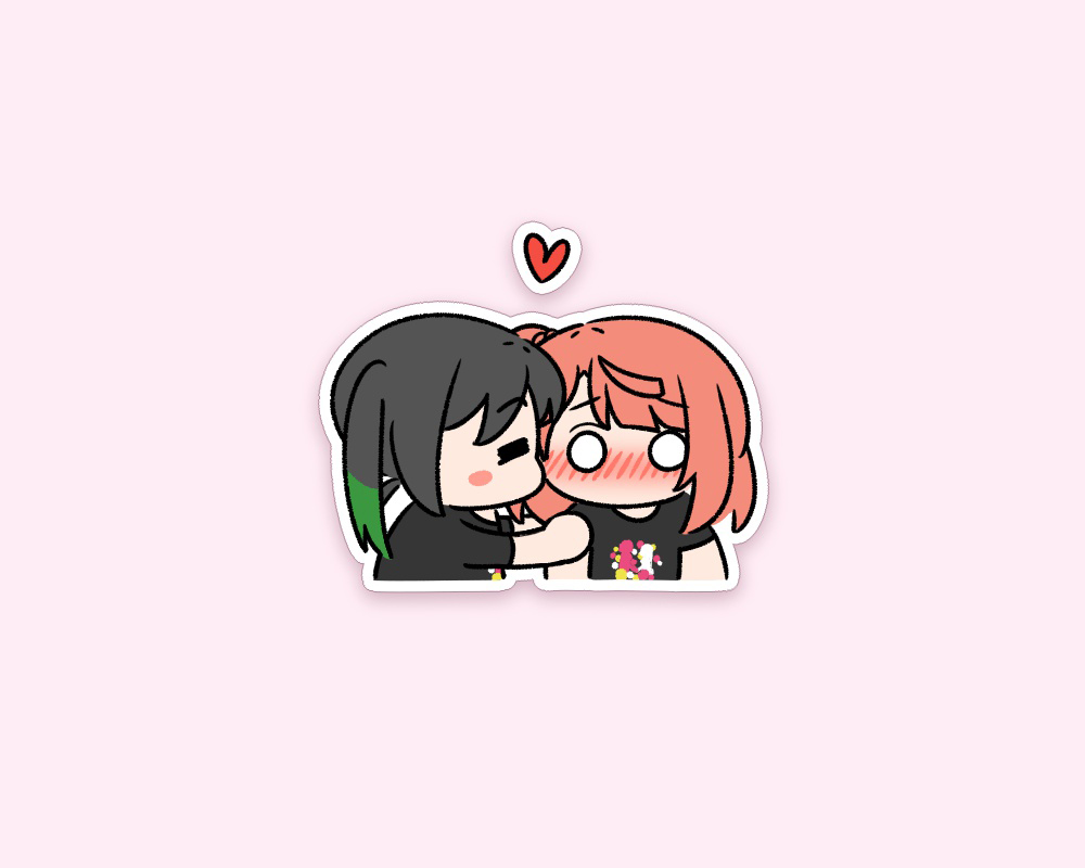 2girls black_hair blank_eyes blush cheek_kiss chibi closed_eyes gradient_hair green_hair jaycee kiss love_live! love_live!_nijigasaki_high_school_idol_club multicolored_hair multiple_girls orange_hair pink_background shirt side_bun simple_background takasaki_yuu twintails uehara_ayumu yuri