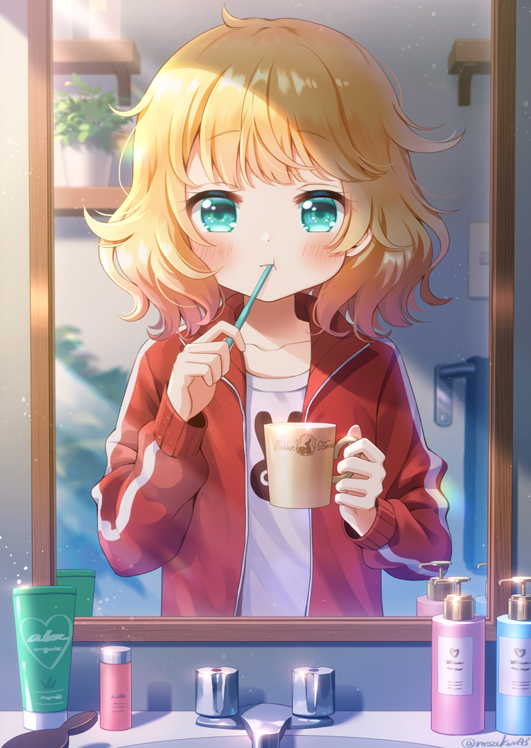 1girl :t aqua_eyes bangs blonde_hair blush brushing_teeth collarbone commentary cup eyebrows_visible_through_hair gochuumon_wa_usagi_desu_ka? holding holding_cup indoors jacket kirima_sharo long_sleeves medium_hair mirror morning mozukun43 open_clothes open_jacket pov red_jacket reflection shirt sink solo toothbrush toothbrush_in_mouth track_jacket twitter_username white_shirt