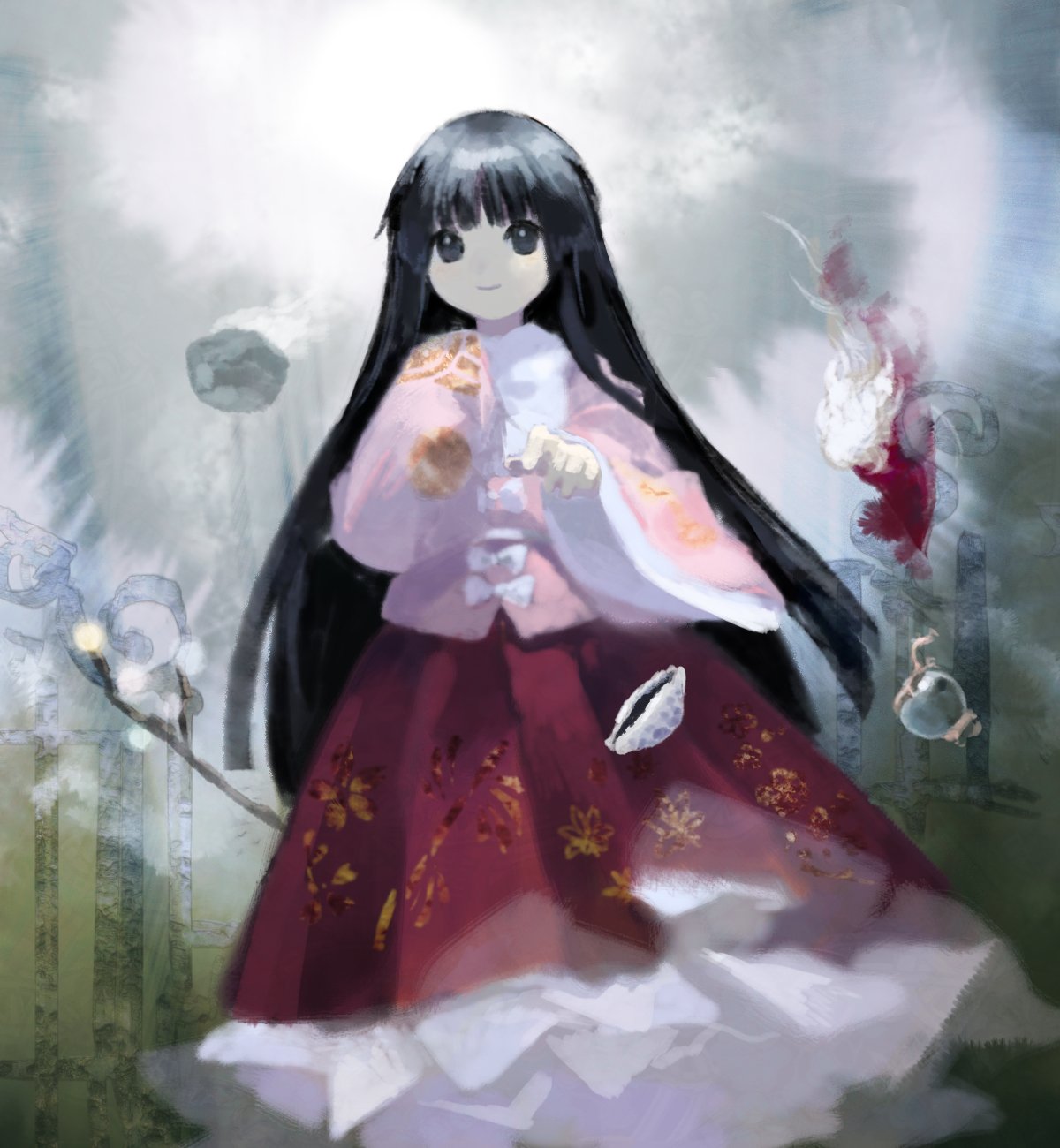 1girl abstract_background bamboo_print bangs black_eyes black_hair blunt_bangs bow bowl branch cape circle closed_mouth collared_shirt commentary cowry_shell floating floating_object floral_print frilled_skirt frills fur-trimmed_cape fur_trim gem hands_up highres hime_cut houraisan_kaguya jeweled_branch_of_hourai kaguya_hime kaigen_1025 long_hair long_skirt long_sleeves pink_shirt pointing pointing_at_viewer red_cape red_skirt seashell shaded_face shell shirt sidelocks skirt sleeves_past_fingers sleeves_past_wrists smile solo steam straight_hair touhou very_long_hair white_bow white_neckwear wide_sleeves